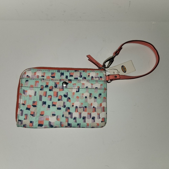 New Fossil Key-Per Wristlet Wrist Wallet  Canvas  Zip Around NWT Teal Coral - Picture 1 of 10
